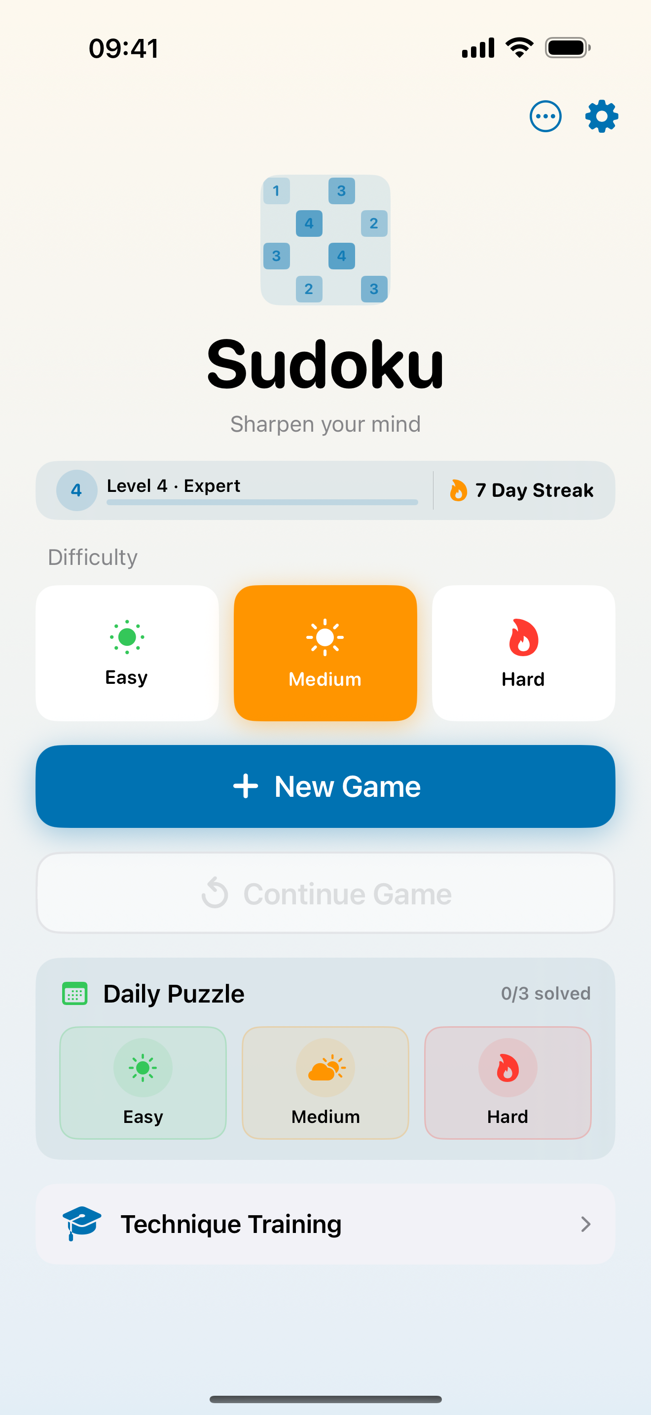 Sudoku Power App Screenshot: Daily puzzle with global times and achievements